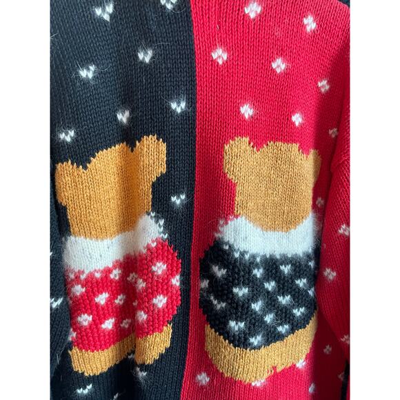 VTG 90s Elana Carello Bear Christmas Cardigan Faux Fur Collar Pom Buttons - Picture 7 of 8